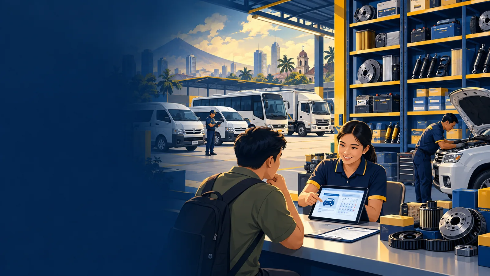 Illustration of an automotive parts team coordinating bookings and vehicles