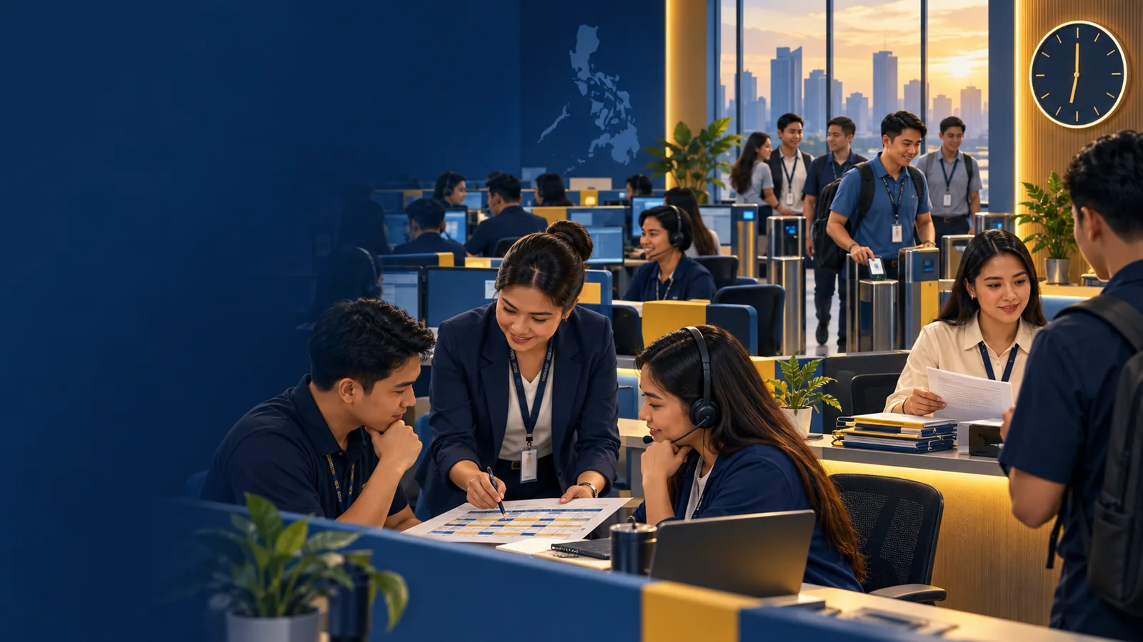 Illustration of BPO shift handover, attendance review and payroll preparation