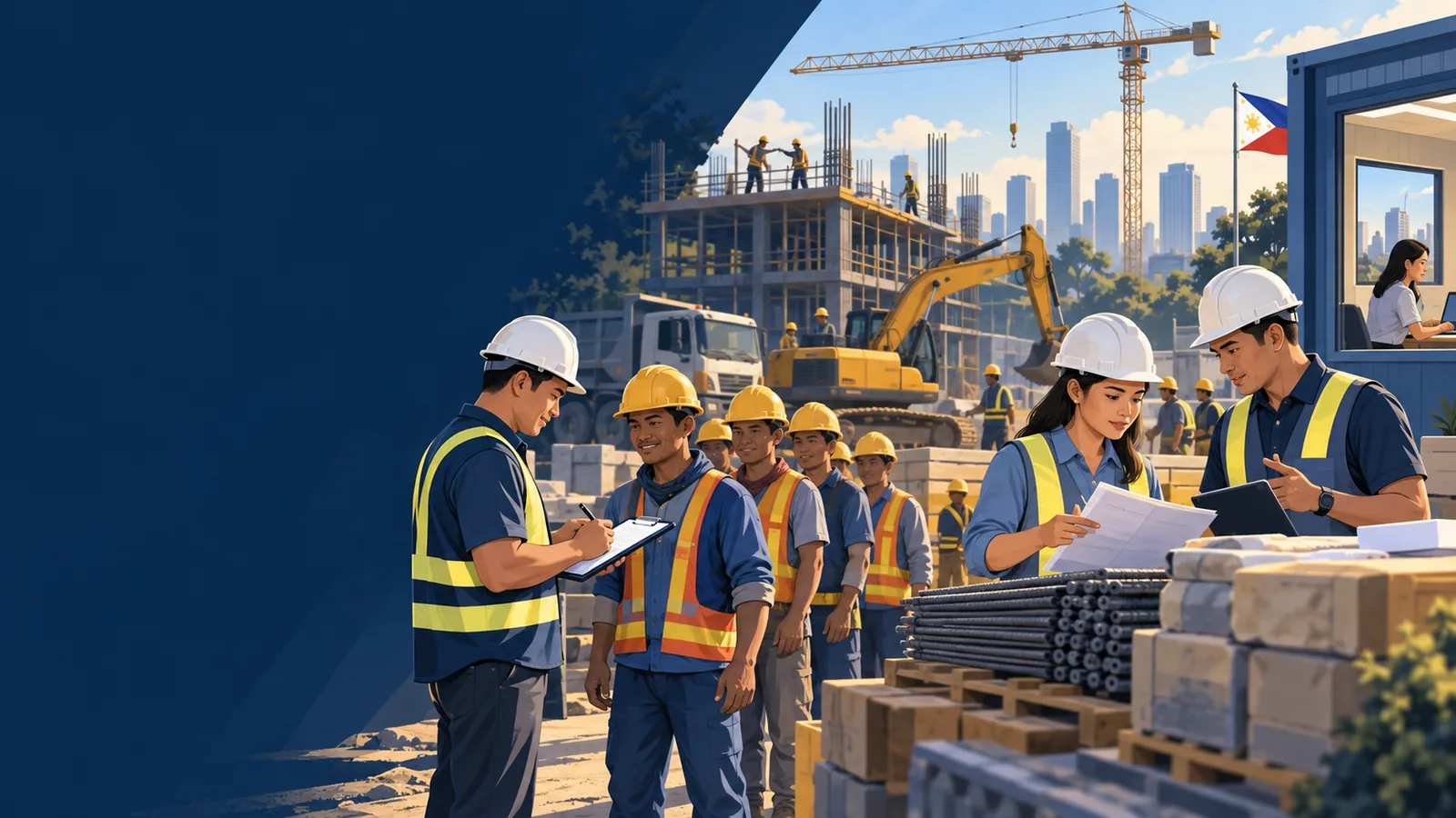 Illustration of a construction crew coordinating attendance, materials and progress