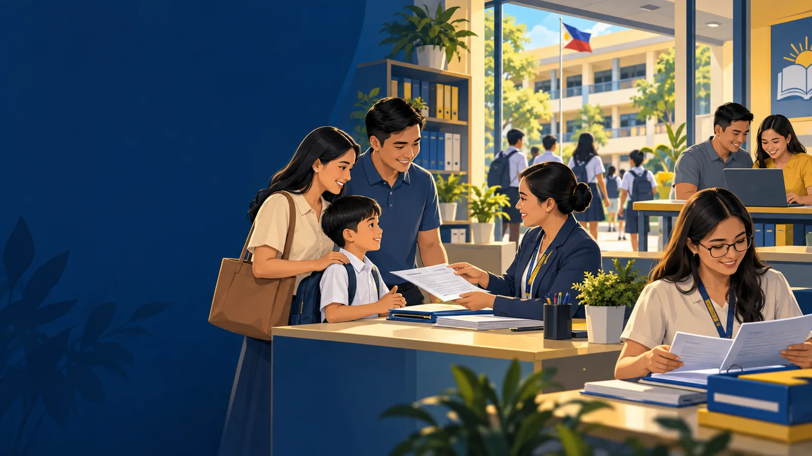 Illustration of a school team connecting enrollment, class records and families
