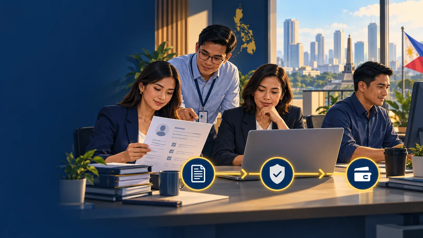 Illustration of a finance team reviewing applications, payments and accounts