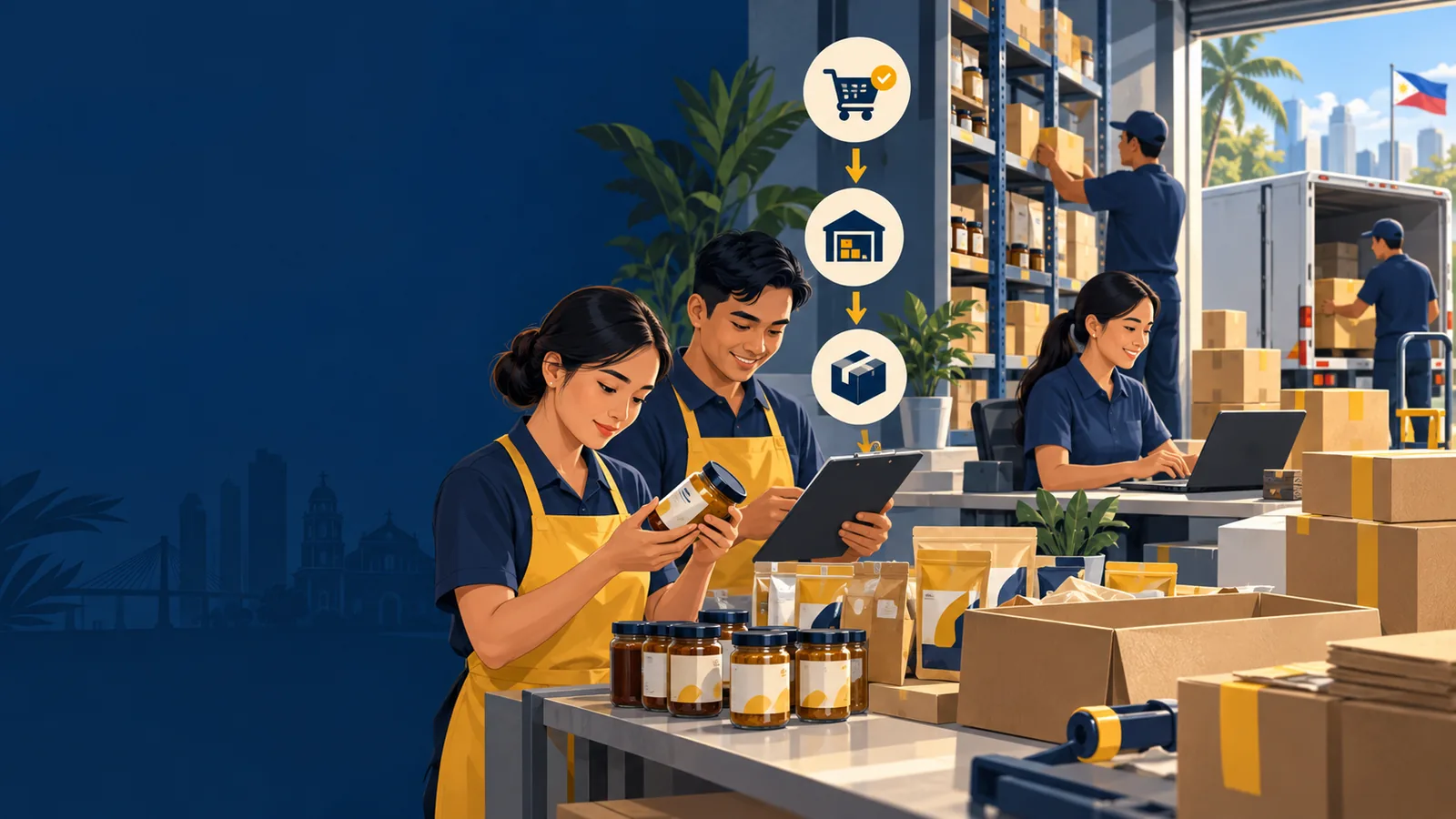 Illustration of a food brand team checking product batches and preparing orders