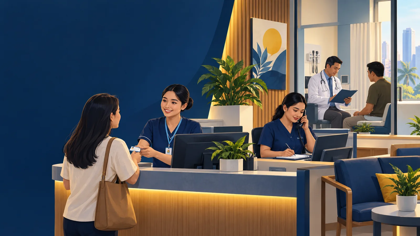 Illustration of a clinic team coordinating intake, patient records and billing