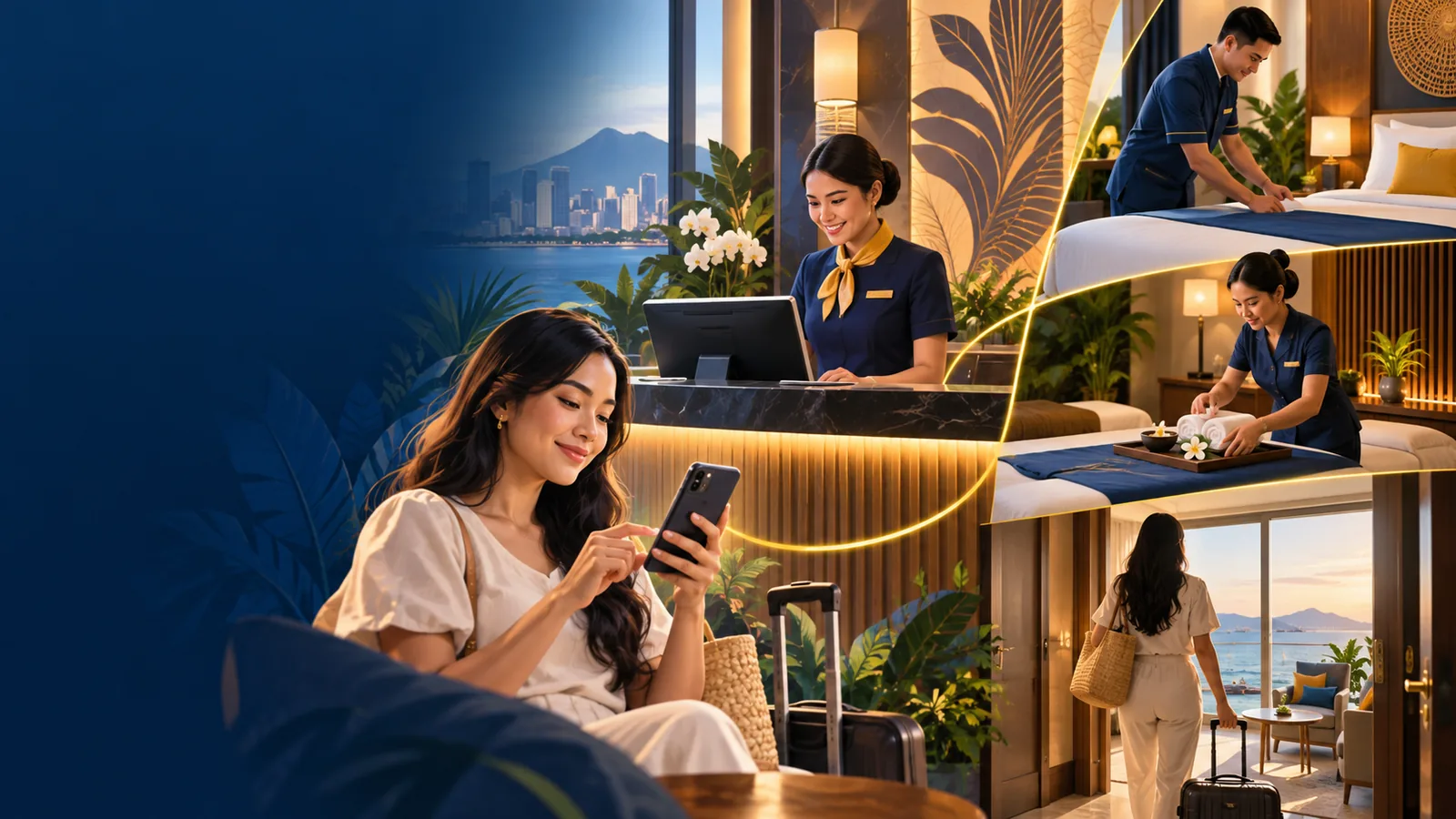 Illustration of a hotel and wellness team coordinating bookings and guest service