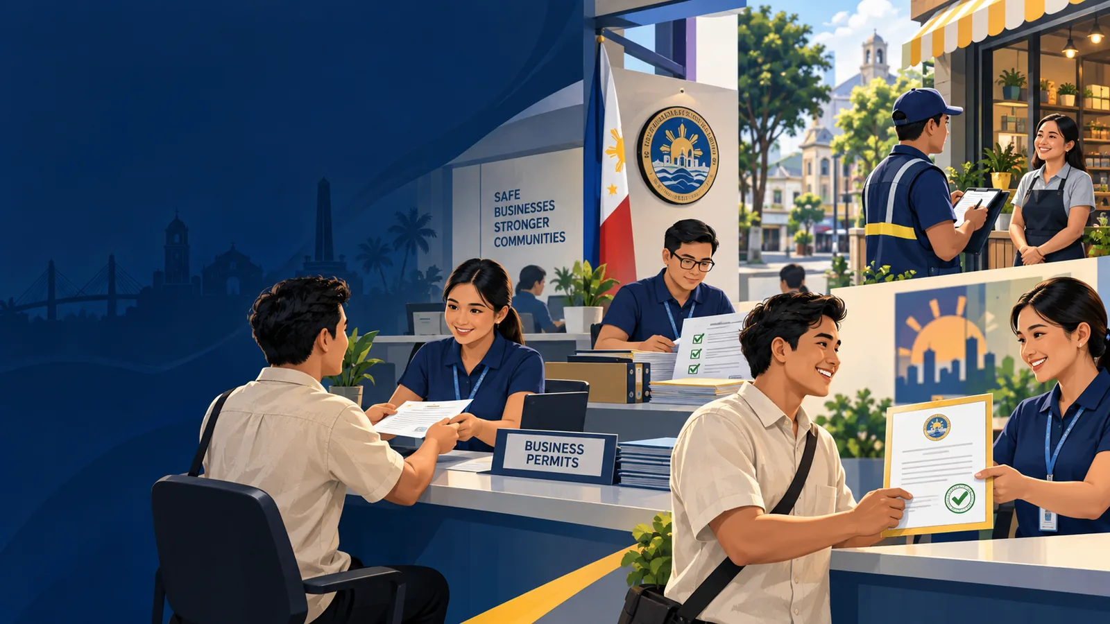 Illustration of a local government office handling a citizen permit request