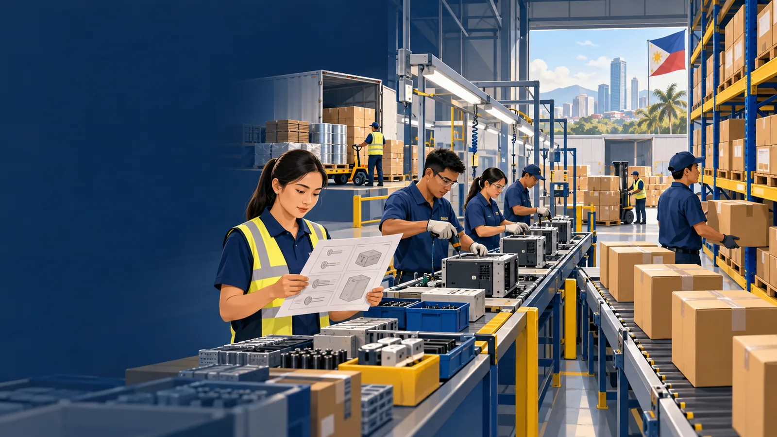 Illustration of a manufacturing floor from materials planning to finished goods