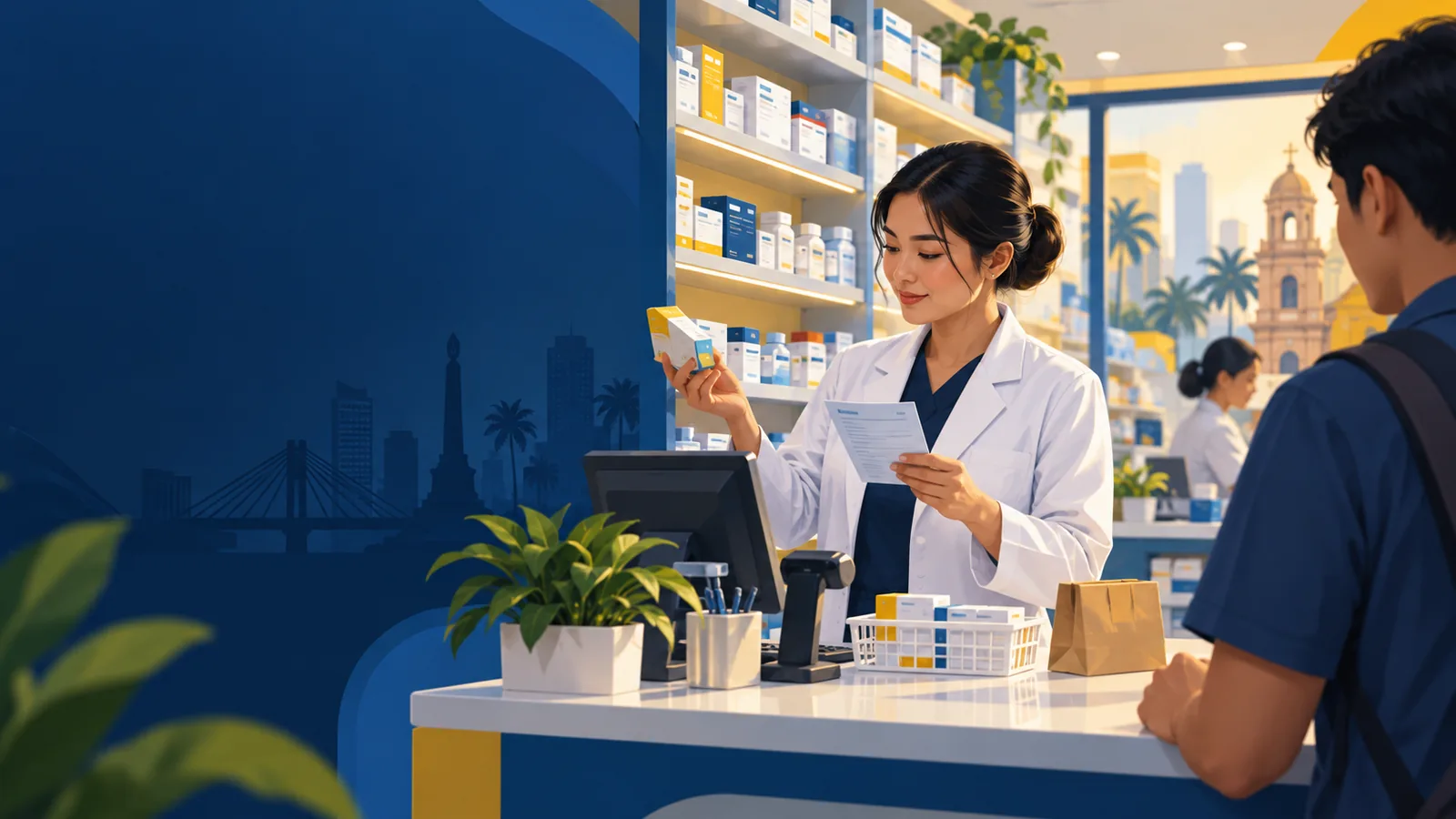 Illustration of a pharmacist checking a prescription and medicine batches