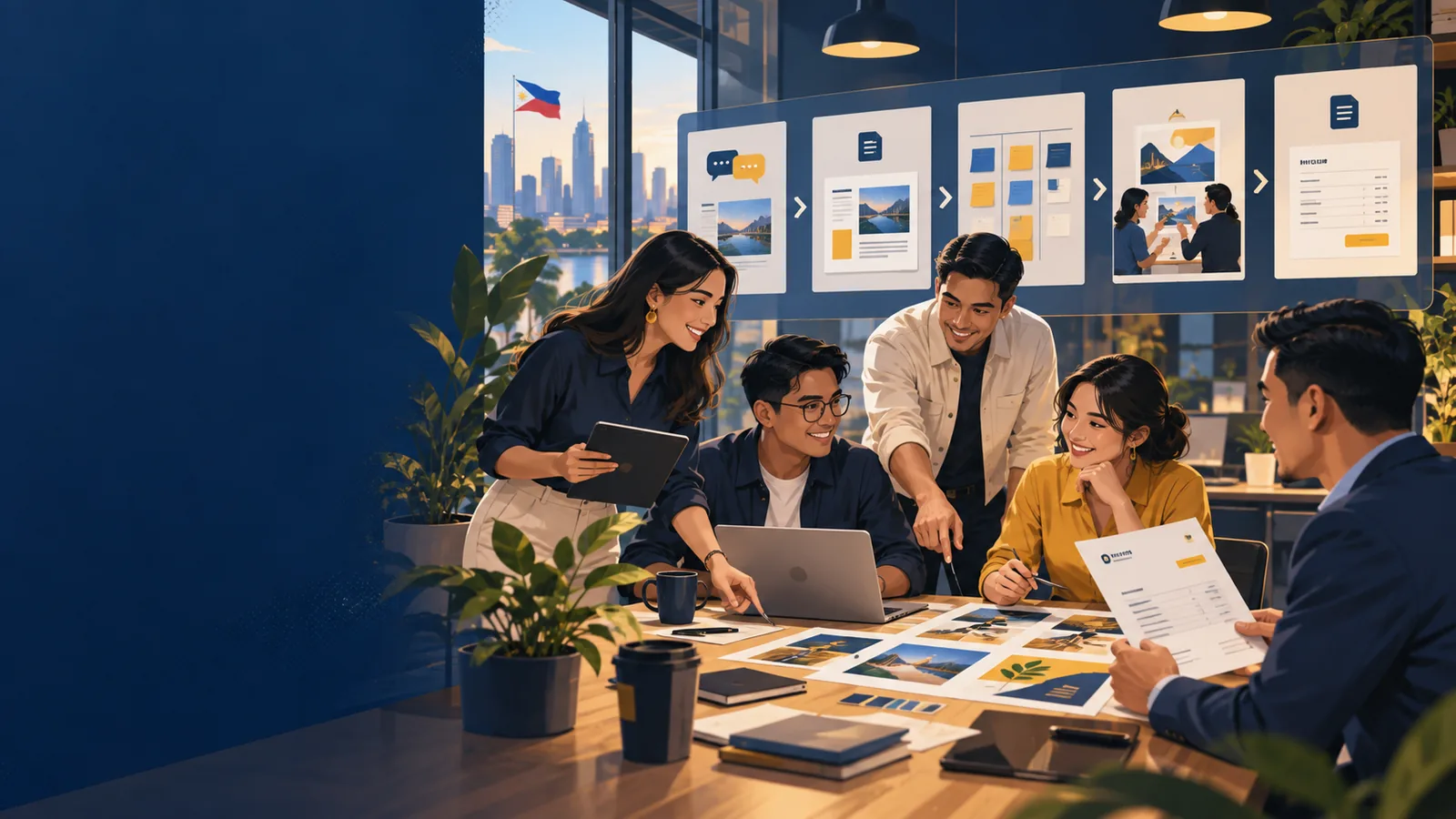 Illustration of a creative team moving from client proposal to project and invoice