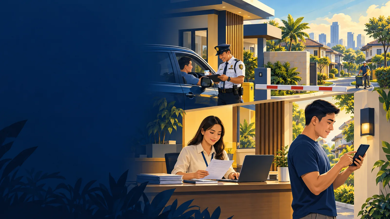 Illustration of village staff managing visitor access, dues and resident requests