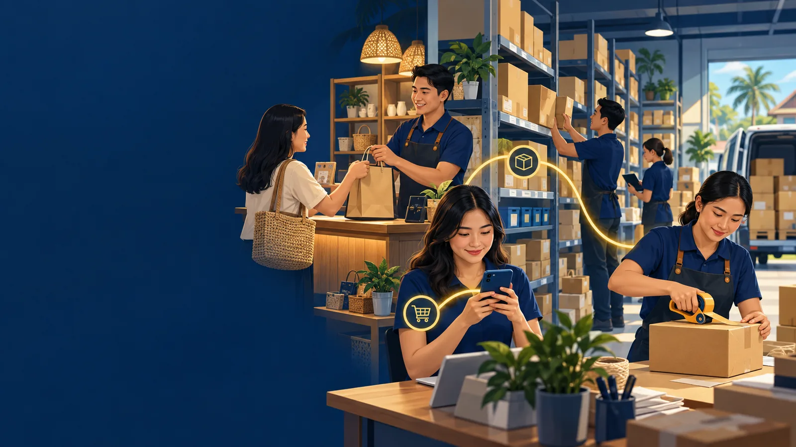 Illustration of a retail counter, online order and shared stockroom