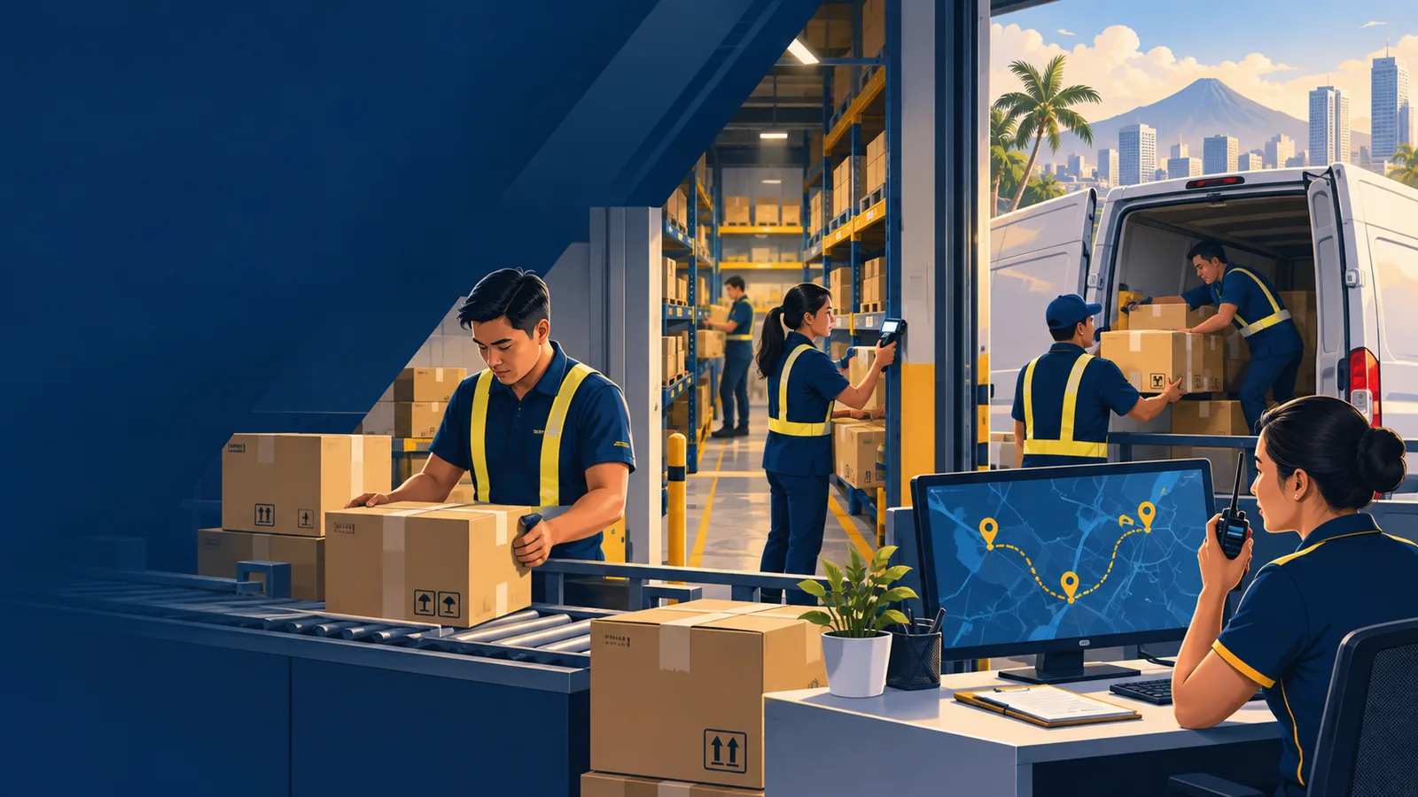 Illustration of warehouse receiving, shelf picking and delivery dispatch