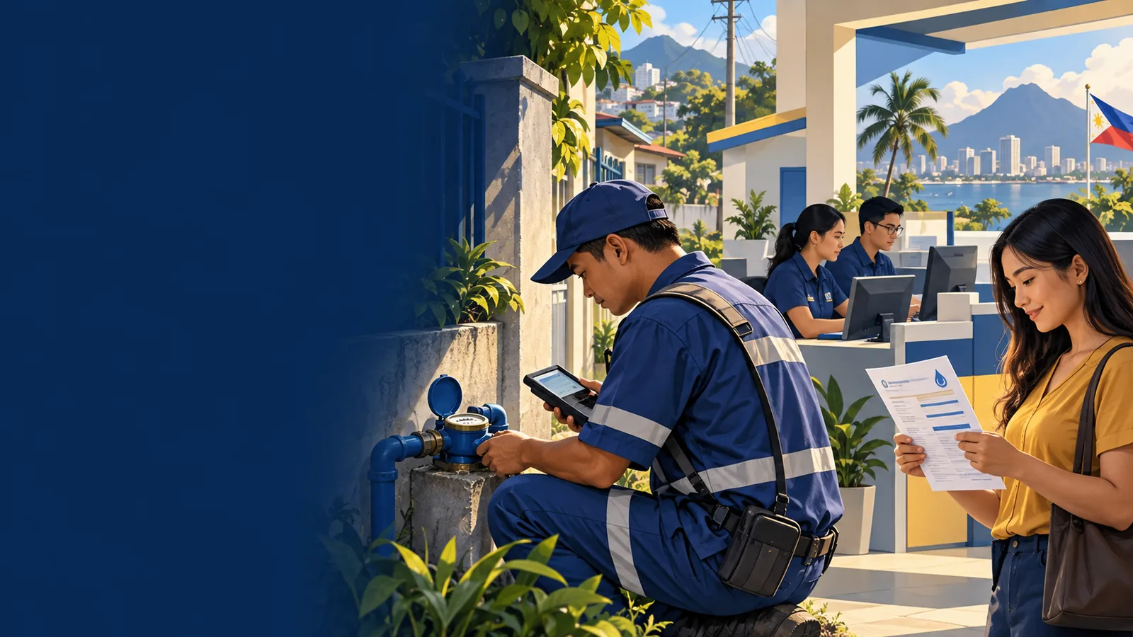 Illustration of a water utility team linking meter readings to bills and service