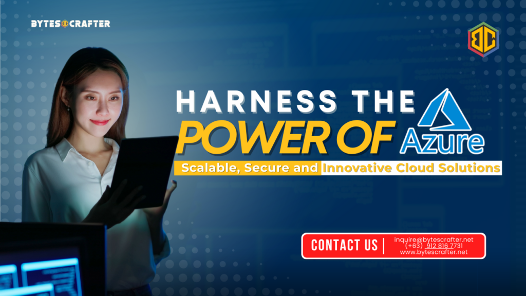 Featured image for the blog article titled 'Harness the Power of Azure: Unlocking Scalable, Secure, and Innovative Cloud Solutions with BytesCrafter.' A woman smiles while using a tablet, illuminated by its screen, representing the power of digital transformation. Bold text emphasizes 'Harness the Power of Azure' alongside the Azure logo, with a tagline highlighting scalable, secure, and innovative cloud solutions. The BytesCrafter logo and contact information are also displayed on a modern, tech-themed blue background.