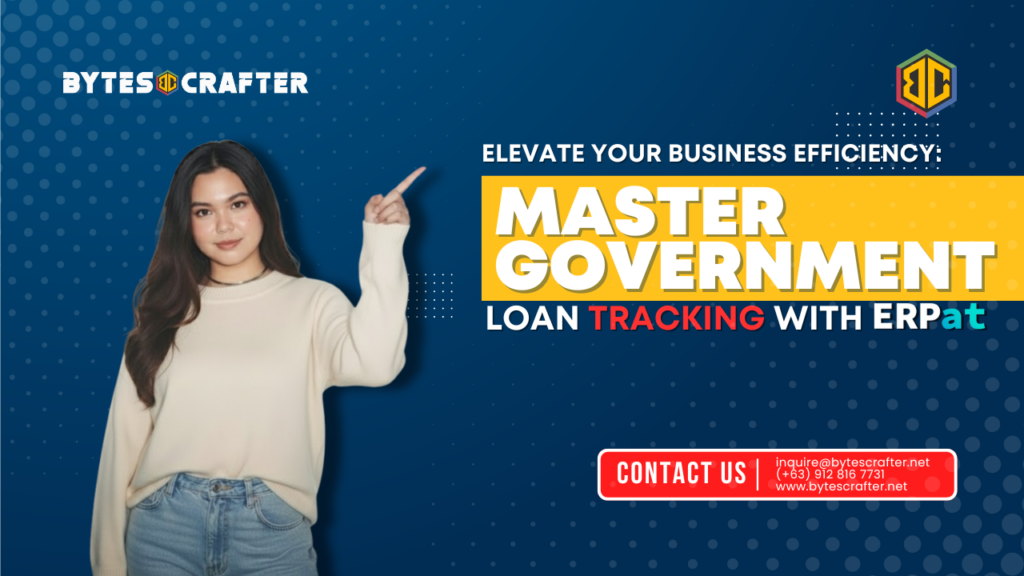 A woman in a beige sweater points toward a promotional banner for BytesCrafter’s ERPat software, highlighting government loan tracking and business efficiency solutions.