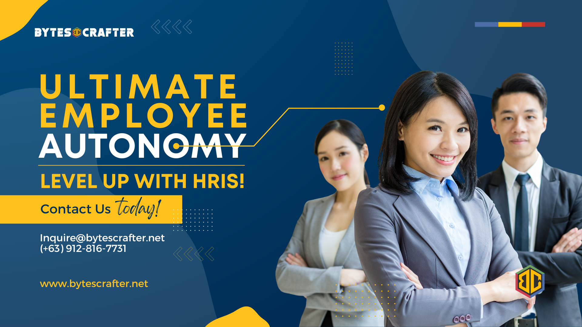 Image promoting employee autonomy and HRIS benefits and ERPat System by BytesCrafter