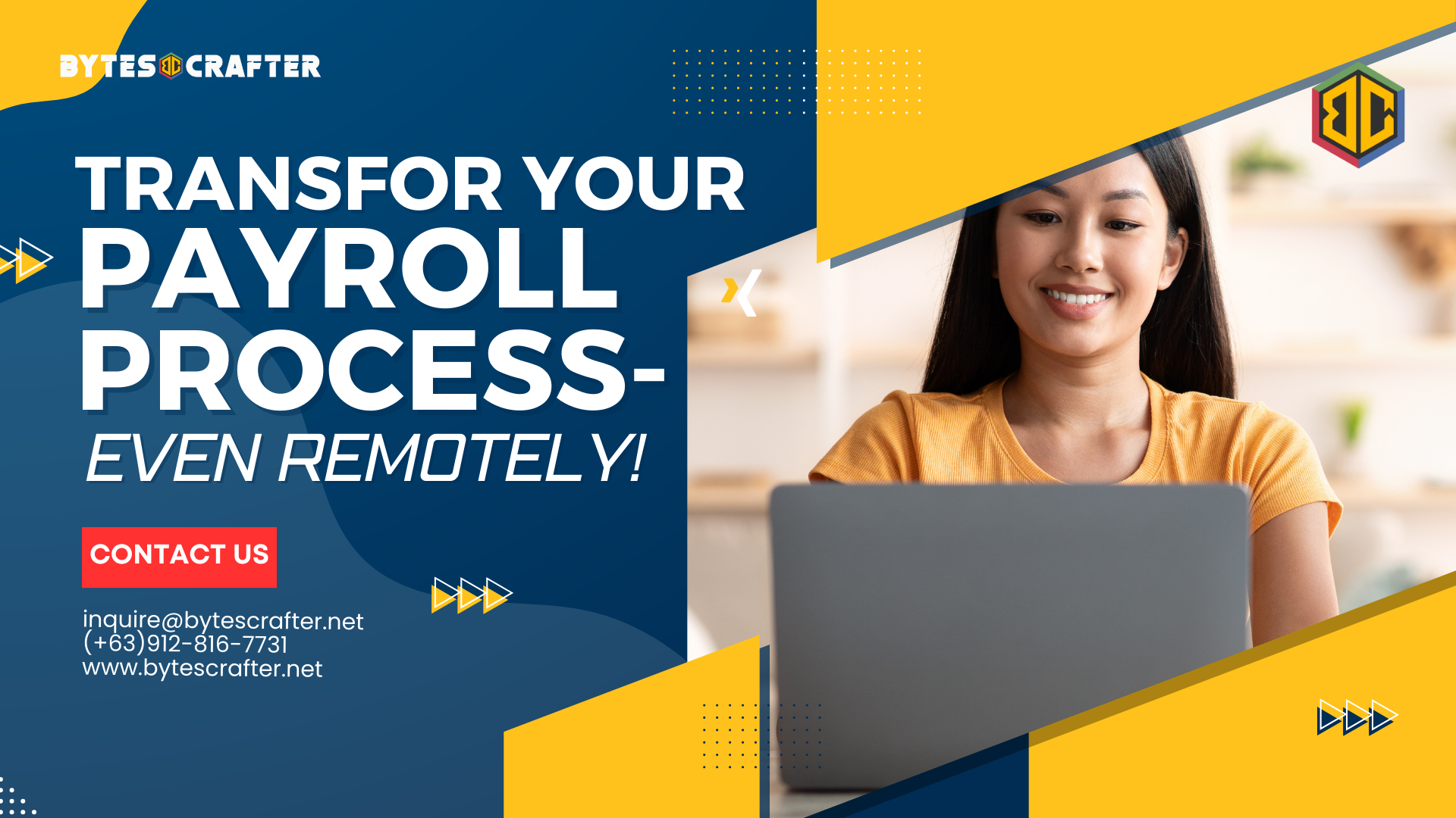 Woman sitting in front of a desk, managing payroll processes remotely on her computer