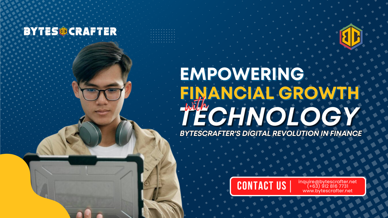 Featured image for the blog article titled 'Digital Transformation in Finance: How BytesCrafter is Revolutionizing Financial Services.' A young man with headphones around his neck and glasses is focused on a rugged tablet device. The bold text reads 'Empowering Financial Growth with Technology – BytesCrafter's Digital Revolution in Finance,' set against a dynamic, tech-themed blue background. The image includes BytesCrafter's branding and contact information.