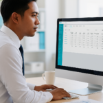 A Filipino professional in a white shirt and dark tie works attentively at his desk in a modern, well-lit office. He focuses on a large computer monitor displaying the ERPat System payroll dashboard, with neatly arranged items like papers, a pen, a smartphone, and a coffee cup on the desk.