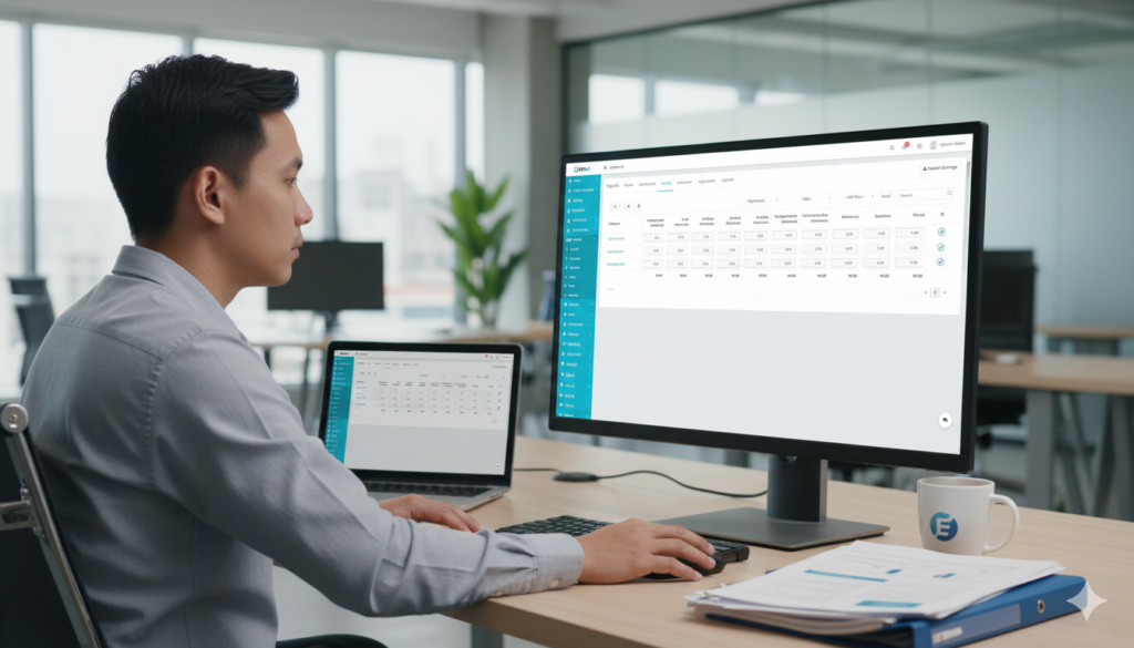 A focused Filipino male professional works at a modern office desk, viewed in a landscape orientation. He is looking at a large desktop monitor that clearly displays the ERPat System dashboard, a clean white and teal interface showing payroll data tables. His laptop is open to the left, and a white coffee mug and papers are on the light wooden desk. The bright, modern office setting with glass walls conveys a productive, business-oriented atmosphere, highlighting technology and efficiency in the workplace.