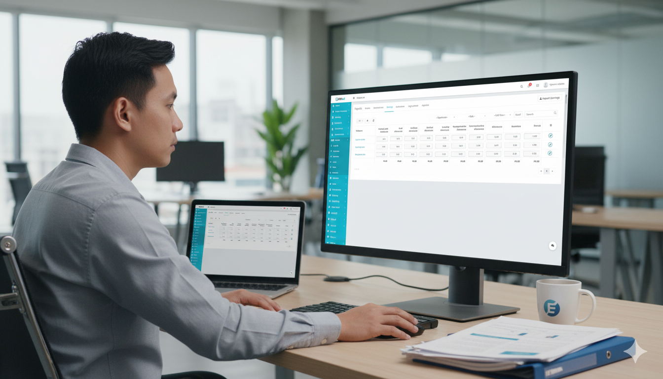 A focused Filipino male professional works at a modern office desk, viewed in a landscape orientation. He is looking at a large desktop monitor that clearly displays the ERPat System dashboard, a clean white and teal interface showing payroll data tables. His laptop is open to the left, and a white coffee mug and papers are on the light wooden desk. The bright, modern office setting with glass walls conveys a productive, business-oriented atmosphere, highlighting technology and efficiency in the workplace.